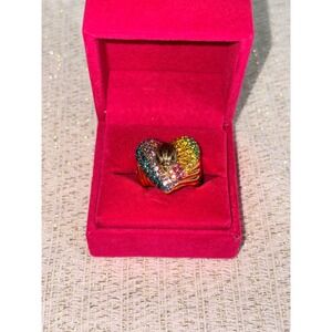 Kurt Geiger London Rainbow Crystal Heart Eagle Head Ring Gold Tone Size 7 new